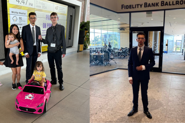 A photo of Charles standing with the family he made a car for, and a photo of Charles in a suit.