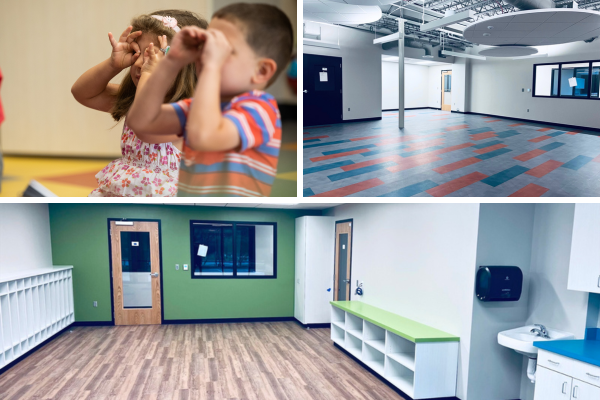 The new child development center classroom, sensory city, and two children playing.