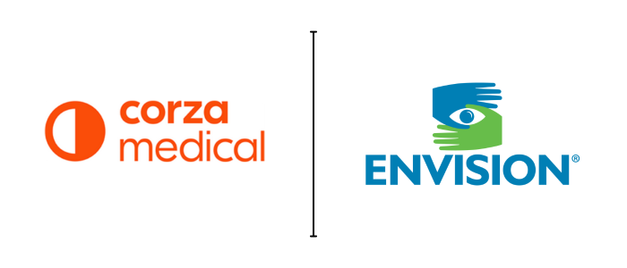 Orange logo of Corza Medical next to blue and green logo of Envision