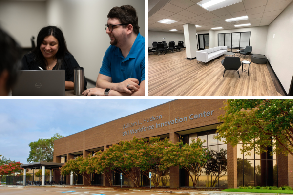 The outside of the building with a sign that says "William L. Hudson BVI Workforce Innovation Center. An inside shot of the building. Two employees sitting at a table talking.